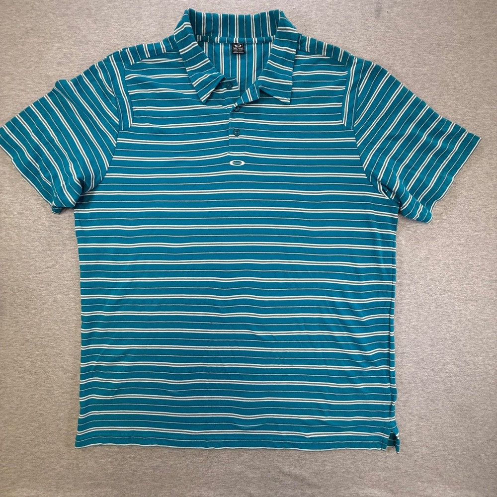 Oakley Mens XXL Teal Blue Striped Short Sleeve Cotton Pique Polo Shirt Golf Logo